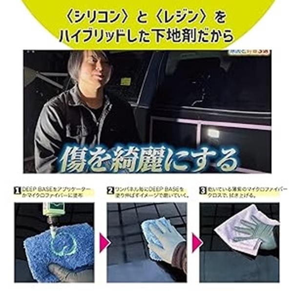 ＜シリコン＞と＜レジン＞をハイブリッドした下地剤だから 傷を綺麗にする 1.DEEP BASEをアプリケーターかマイクロファイバーに塗布 2.ワンパネルにSEEP BASEを塗り伸ばすイメージで磨いていく。 3.乾いているマイクロファイバークロスで噴き上げる。