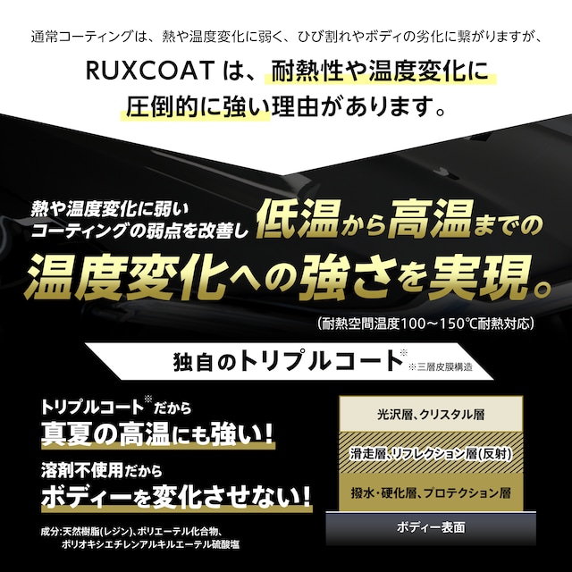 通常コーティングは、熱や温度変化に弱く、ひび割れやボディの劣化に繋がりますが、RUXCOATは耐熱性や温度変化に圧倒的に強い理由があります。熱や温度変化に弱いコーティングの弱点を改善し低温から高温までの温度変化への強さを実現。（耐熱空間温度100〜150℃耐熱対応）独自のトリプルコート※ ※三層皮膜構造 トリプルコートだから真夏の高音にも強い！溶剤不使用だからボディーを変化させない！ 